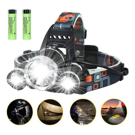 Linterna Frontal Recargable Led Con 3 Focos Y Batería