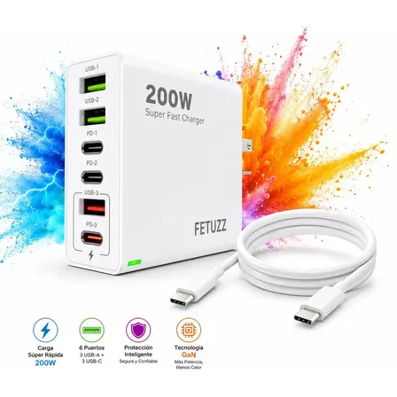 Estación de Carga FETUZZ de 200W con 6 Puertos USB y USB-C Para Móviles, Tablets y Laptops