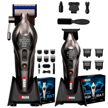 Combo Cortadora de Pelo + Trimmer 4 Velocidades 9000 Rpm Con Pantalla Led Base Y Accesorios Wmark NG-8062 + NG-8262 Color Negro