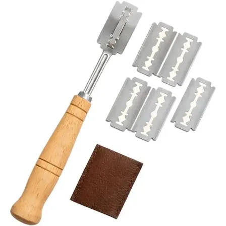 Cuchillo Greñador Para Pan Masa Madre Acero Inoxidable Con Mango De Madera 5 Cuchillas Reemplazables Funda Protectora De Cuero Cortador Profesional Panadería Repostería Pizza Artesanal Levys Bazar