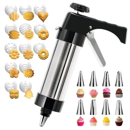 Pistola Maquina Fabrica Galletitas Pastelera Acero Inoxidable | Con 13 Discos Moldes Y 8 Boquillas Decoradora Repostera Cookies Cupcakes Tortas Repostera Profesional Y Casera Levys Bazar