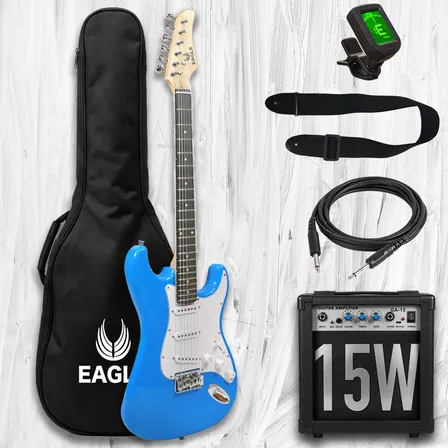 Guitarra Electrica Stratocaster Eagle Ampli 15w Afinador Pua Diestro Azul Palo De Rosa