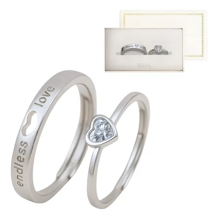 Set X2 Anillos Cintillos Doble Alianza Corazon + Caja Regalo Plateado Ajustable