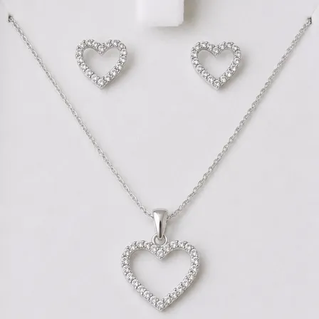 Conjunto Cadena, Dije Y Aros Corazon Plata 925 Cristal Plata Corazon Blanco