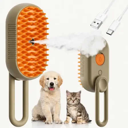 Cepillo A Vapor Perros Gatos Peine Masajeador Quita Pelos Naranja