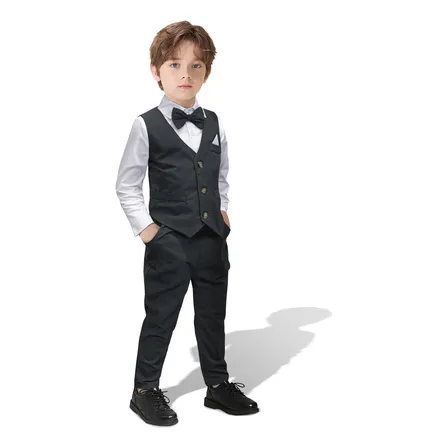 Traje De Vestir Niño 4 Piezas Con Chaleco Y Moño Negro Liso 2-3y