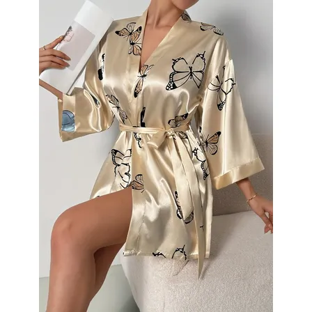 Bata De Satén Champán Con Estampado De Mariposas, Ropa De Sa Beige Liso Xl