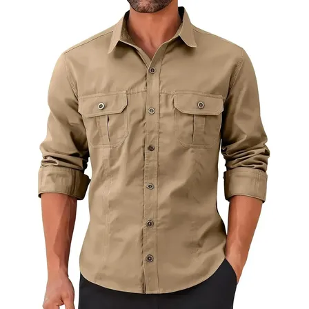 Camisas Casuales De Algodón De Manga Larga Con Botones Para Hombre Para El Trabajo Caqui Liso L