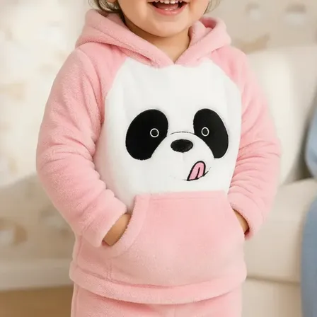 Conjunto Pijama Niño Bebe Peluche Soft Invierno Oso Panda Rosa Claro Bordado 2-3 Años