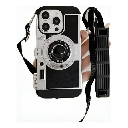 Funda Diseño Câmara Vintage Correa Para iPhone 16 Pro Max Negro Cámara Vintage