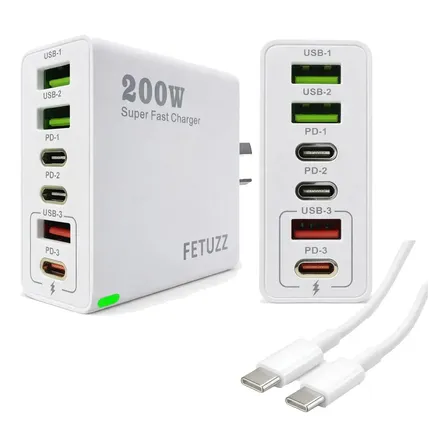 Cargador Ultra Rapido 200w 6 Puertos Fetuzz Mas Cable Tipo C