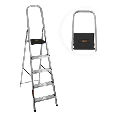 Escalera Reforzada Tijera Black + Decker 5 Escalones C/ PortaHerramientas 150 Kg Domestica Aluminio