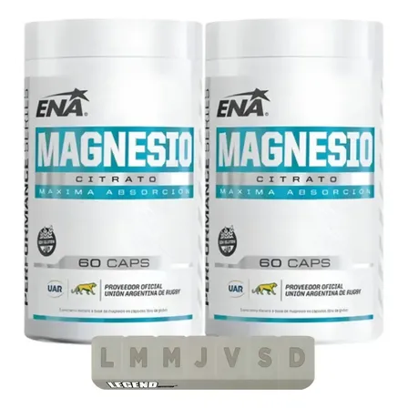 Citrato De Magnesio Cápsulas Ena Sport - 2 X 60 Caps Sin Sabor + Pastillero Legend Nutrition