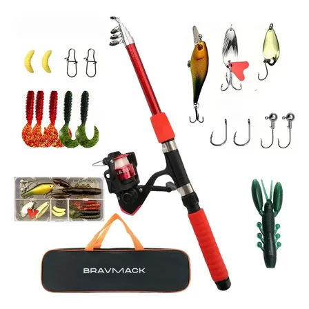 Kit Caña Pesca Con Reel Señuelos Anzuelos Red 1.8m Fishing Combo Kit