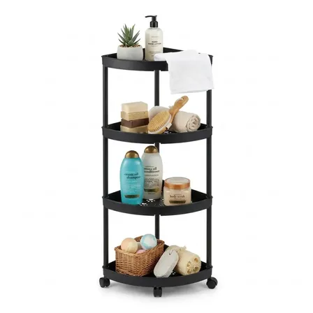 Carrito Organizador Esquinero Multiuso Estantes 4 Pisos Negra Ruedas Rinconera Plastico Baño Cocina Living Repisa Rincon Verdulero Frutero Bazar Hogar Movil Desmontable