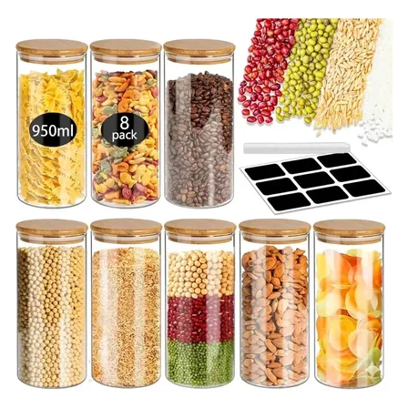 Frascos Vidrio Herméticos Set X8 Con Tapa De Bambú 950ml Cocina Organizadores Alacena Despensa | Cereales Café Arroz Fideos Legumbres Etiquetas Y Marcador Levys Bazar