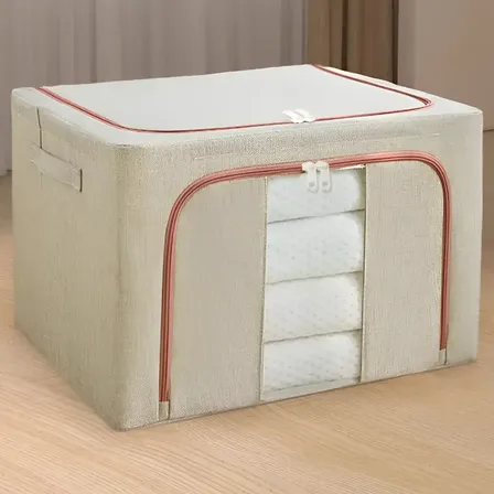 Caja Plegable Canasto Organizadora De Tela Y Metal Con Capacidad De 100L Grande Canasto Multiuso Para Guardar Ropa Juguetes Mantas Y Accesorios Con Ventana Transparente Resistente Levys Bazar Beige
