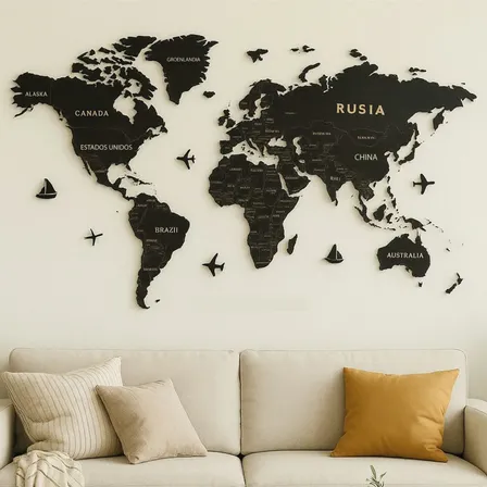 Mapamundi 1.50x70 Planisferio Pared Madera Grabada Negro Negro