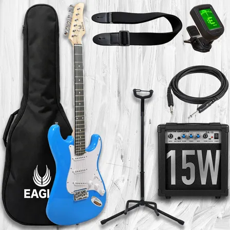 Guitarra Electrica Stratocaster Eagle Ampli 15w Portatil Pua Diestro Azul Palo De Rosa