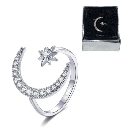 Anillo Luna Regulable Baño Rodio Con Estuche De Regalo