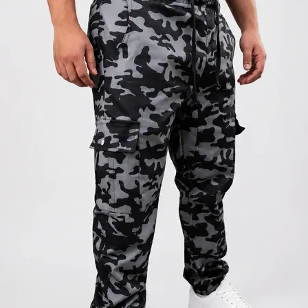Pantalon Cargo Camuflado Hombre Gabardina Jogger 6 Bolsillos Gris Camuflado Elastizado T.48