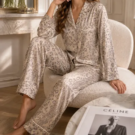 Pijama Mujer Seda + 100% Algodón Conjunto Pant-cam Estampado Beige Seda Estampada L