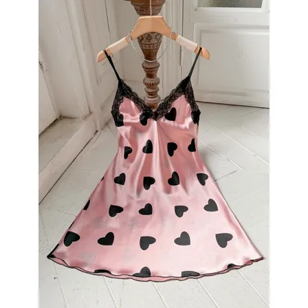 Camisón Lencero De Satén Con Encaje Mujer Pink S