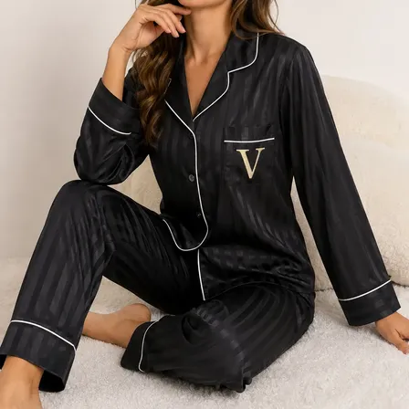Pijama Mujer Seda + 100% Algodón Conjunto Pant-cam Rayado