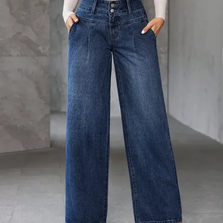 Jean Wide Leg Doble Botón Mujer Azul Plain L