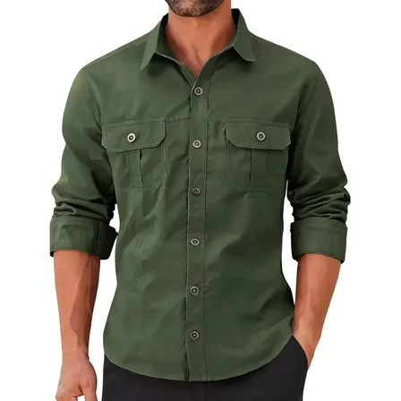 Camisas Casuales De Algodón De Manga Larga Con Botones Para Hombre Para El Trabajo Army Green Liso S
