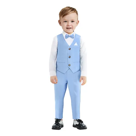 Traje De Vestir Niño 4 Piezas Con Chaleco Y Moño Azul Claro Liso 18-24m
