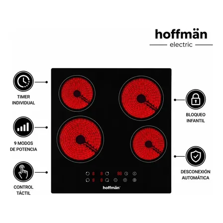 Anafe Eléctrico Empotrable Hoffman 4h 6000w Vitrocerámico Color Negro Control Táctil de Temperatura Pantalla LED 9 Niveles de Potencia Traba de Seguridad Indicador de Calor Residual
