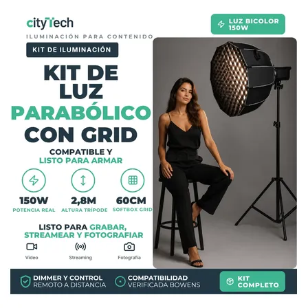 Kit Luz Bicolor 150w + Softbox Parabólico Grid Trípode 2.8m
