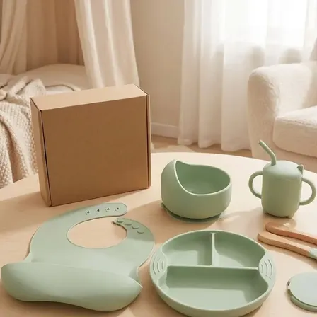 Set Alimentación Bebé Silicona Plato Ventosa Babero Cubierto Verde Claro