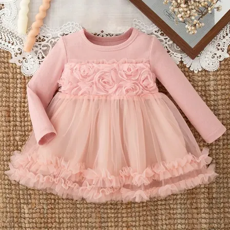 Vestido Nena Manga Larga Con Flores Y Tul Pink 12/100