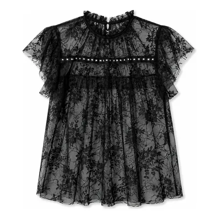 Blusa De Encaje Transparente Con Volados Mujer Top Tendencia Negro M