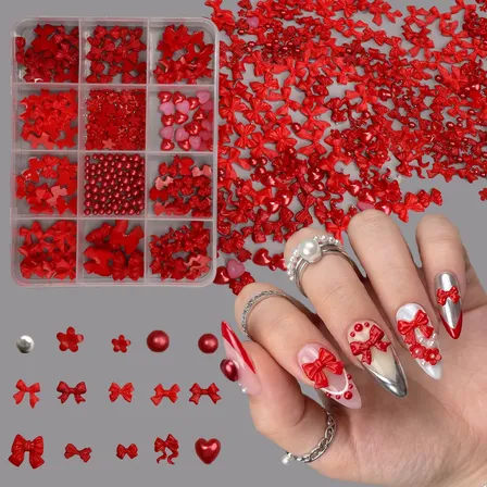 Apliques Moño Para Uñas Nail Art Kit 12 Casillas Rojo