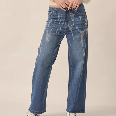 Jean Wide Leg Elastizado Con Strass Talles Grandes De Vicky