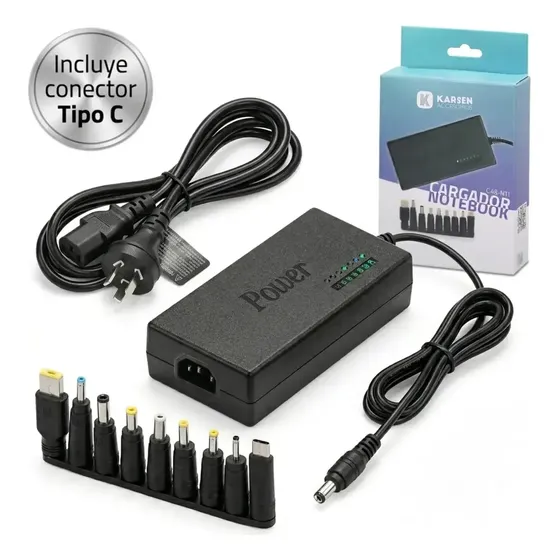 Cargador Universal Notebook Laptop Netbook Multivoltaje 9 Puntas Intercambiables Incluye Usb Tipo C Karsen Nt-1