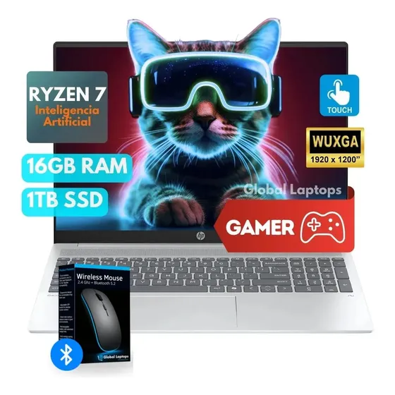 Hp Gamer Ryzen 7 Ai 16GB Ram 1TB SSD Pantalla Táctil 16 Wuxga 1920 Px X 1200 Px Amd Radeon Incluye Windows Instalado Laptop 16-ag1775cl Con Regalo