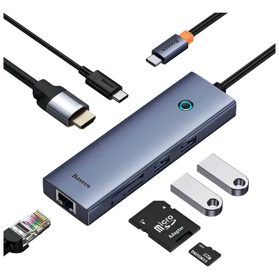HUB Baseus UltraJoy Series 7 en 1 USB-C ( 1x HDMI (4K @ 60Hz) / 1x RJ45 Ethernet (1000 Mbps) / 1x USB-C PD (Carga hasta 100W - Input) / 2x USB-A 3.0 (5 Gbps) / 1x Ranura SD / 1x Ranura TF MicroSD