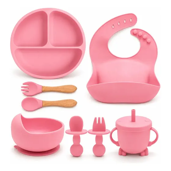 Set Rosa Alimentacion Bebe Silicona Completo Plato Vaso Bowl Liso Veoquiero