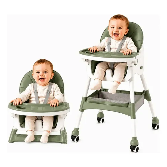 Silla De Comer Plegable 2 En 1 Sillita Bebes Doble Bandeja Ajustable Arnés De 5 Puntos Ruedas Removibles Tapizado Impermeable Silla Alta Y Baja Infantil Verde