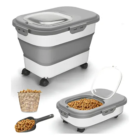 Contenedor Hermético Comida Mascota Waggs 20l Plegable Rueda Rayas Gris