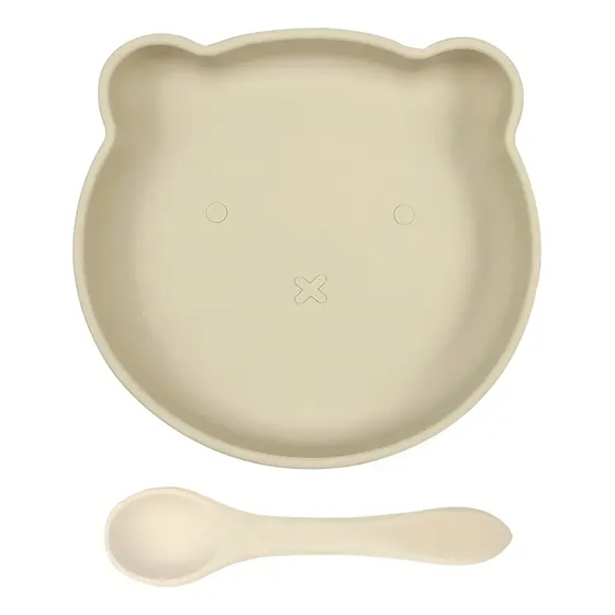 Plato Silicona Bebe Oso C/cuchara Premium Antideslizante Color Crema