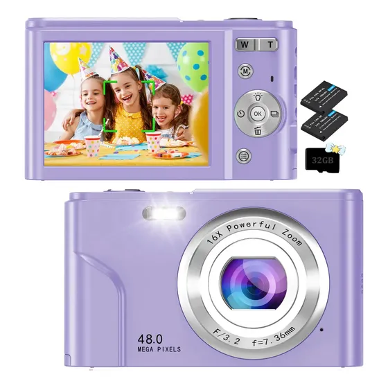 Cámara Compacta Sevenat 48MP 1080p Violeta 16x Zoom Tarjeta 32GB y Accesorios