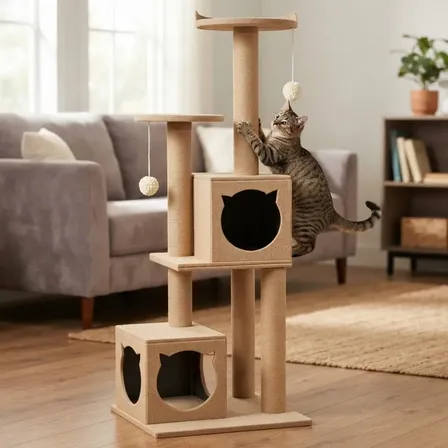 Gimnasio Rascador Para Gatos Los Michi 2 Casitas Beige 1,60 Todo Beige