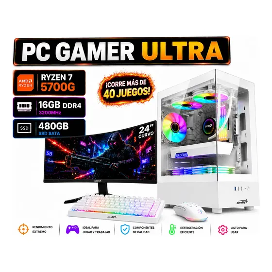 Pc Gamer Blanca Amd Ryzen 7 5700g 16gb Ssd 480gb Curvo  24