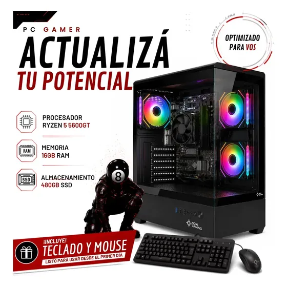 Pc Gamer Amd Ryzen 5 5600gt | 16 Gb | 480 Gb | Gabinete 3 Coolers Argb | Teclado y Mouse | Wifi | Pc Armada Noxi