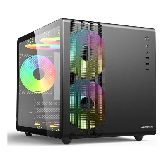 Gabinete Gamer Cubo Solarmax Cm-b300 Con Lateral De Vidrio Templado Frente Mesh Y 3 Coolers Rgb Color Negro